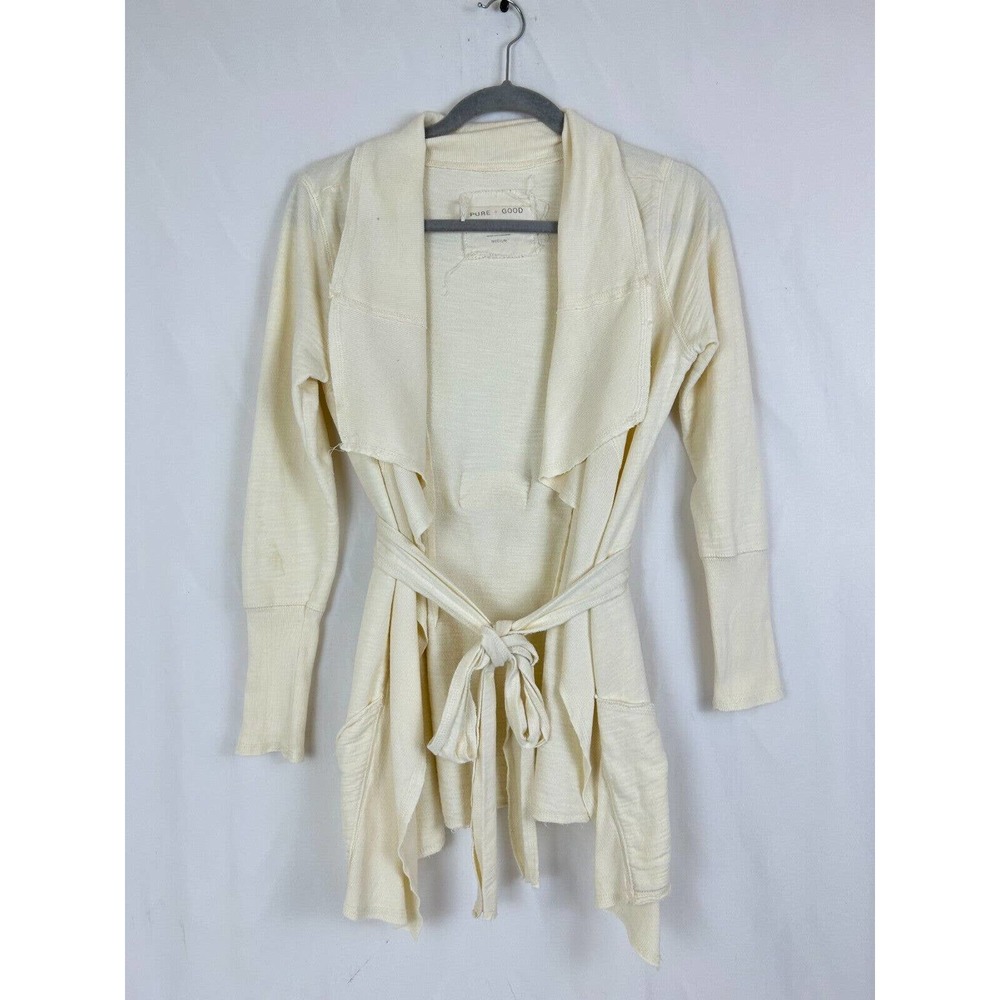 Pure + Good Sweater Womens Medium Ivory 100% Cotton Knit Belted Classic Cardigan